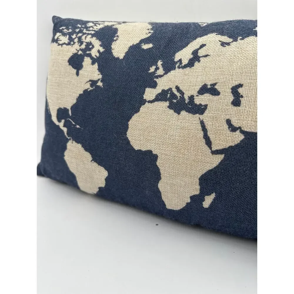 Burlap Linen Dark Blue World Map 18
